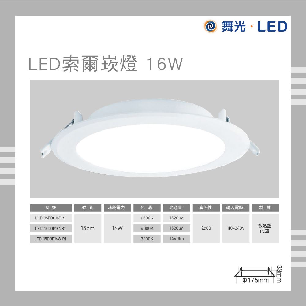 舞光 LED 索爾崁燈 16W 崁孔15cm 白光 自然光 黃光